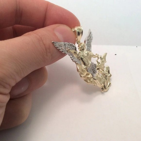 10k Yellow Real Gold Solid Saint 2 Tone Michael Archangel and the Devil Pendant - Picture 7 of 8